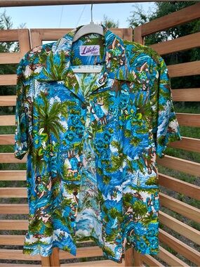 Vintage 70s Likeke Hawaii Aloha Shirt Tiki Surfer Hula Novelty Print Camp Collar
